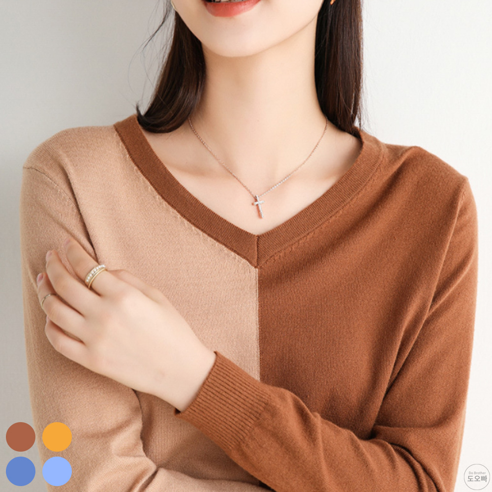 NAX14 여성 니트 티셔츠 스웨터 브이넥 레이어드