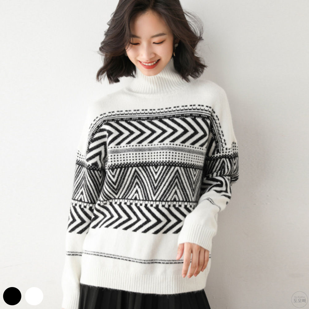 NAX15 여성 니트 티셔츠 목폴라 패턴 스웨터 긴팔